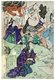 Ukiyo-e woodblock print showing an artist in the foreground and various characters in the background including a demon holding an anchor, a samurai with a falcon, a man with long pike, and a wrestler.